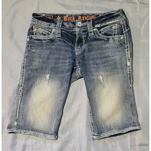 Rock Revival Sasha Bermuda Womens 25 Jean Shorts Flap‎ Pockets Rhinestones Euc